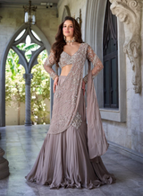 Taupe Drape Embellished Saree Lehenga