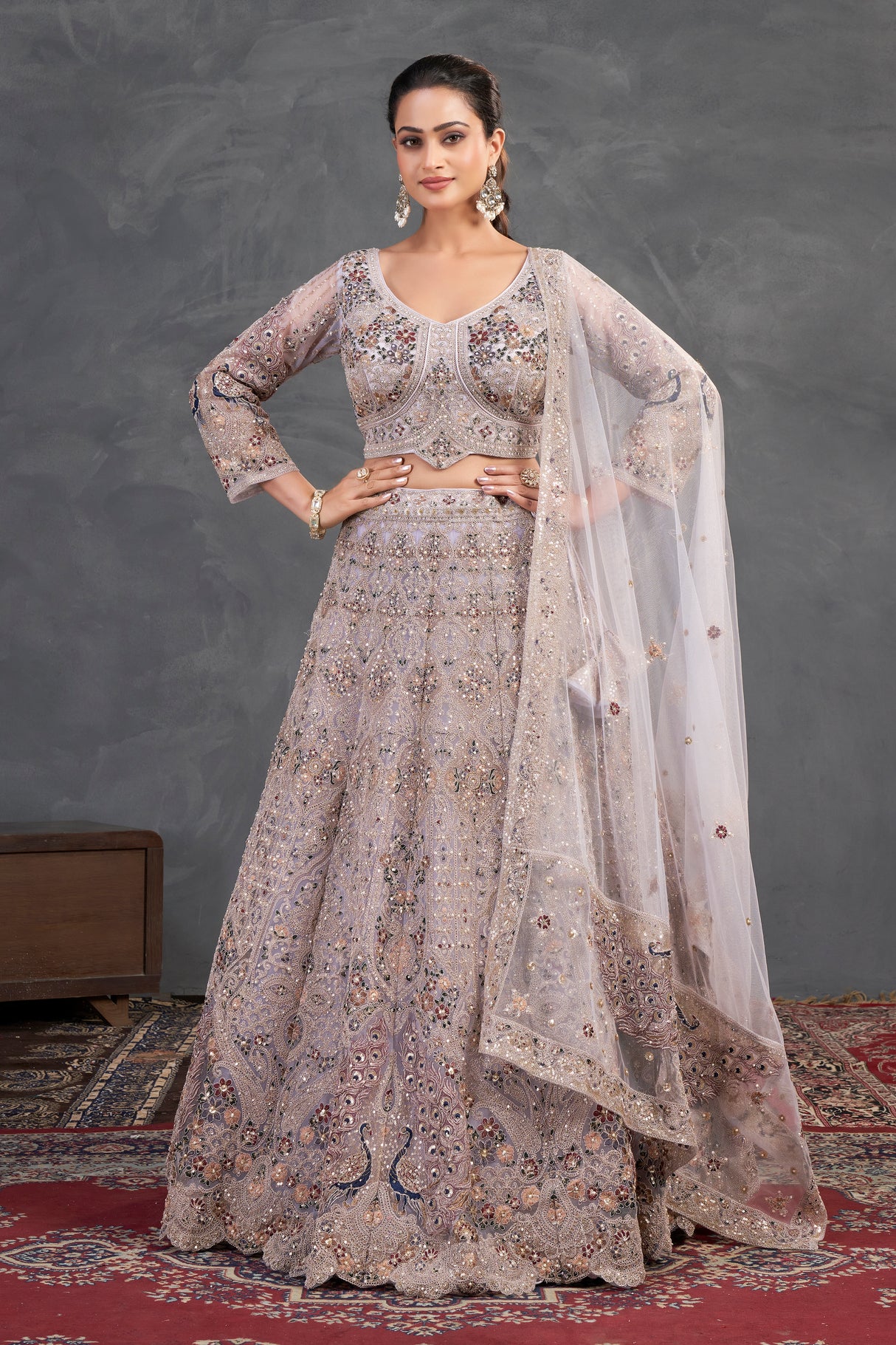 Champagne Blush Embroidered Lehenga – Regal Radiance with Handcrafted Detailing