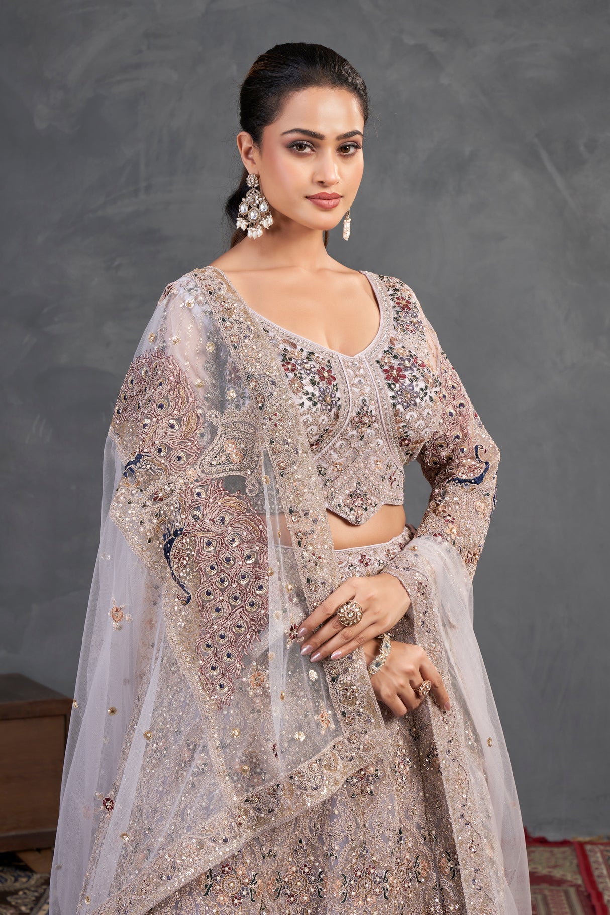 Champagne Blush Embroidered Lehenga – Regal Radiance with Handcrafted Detailing