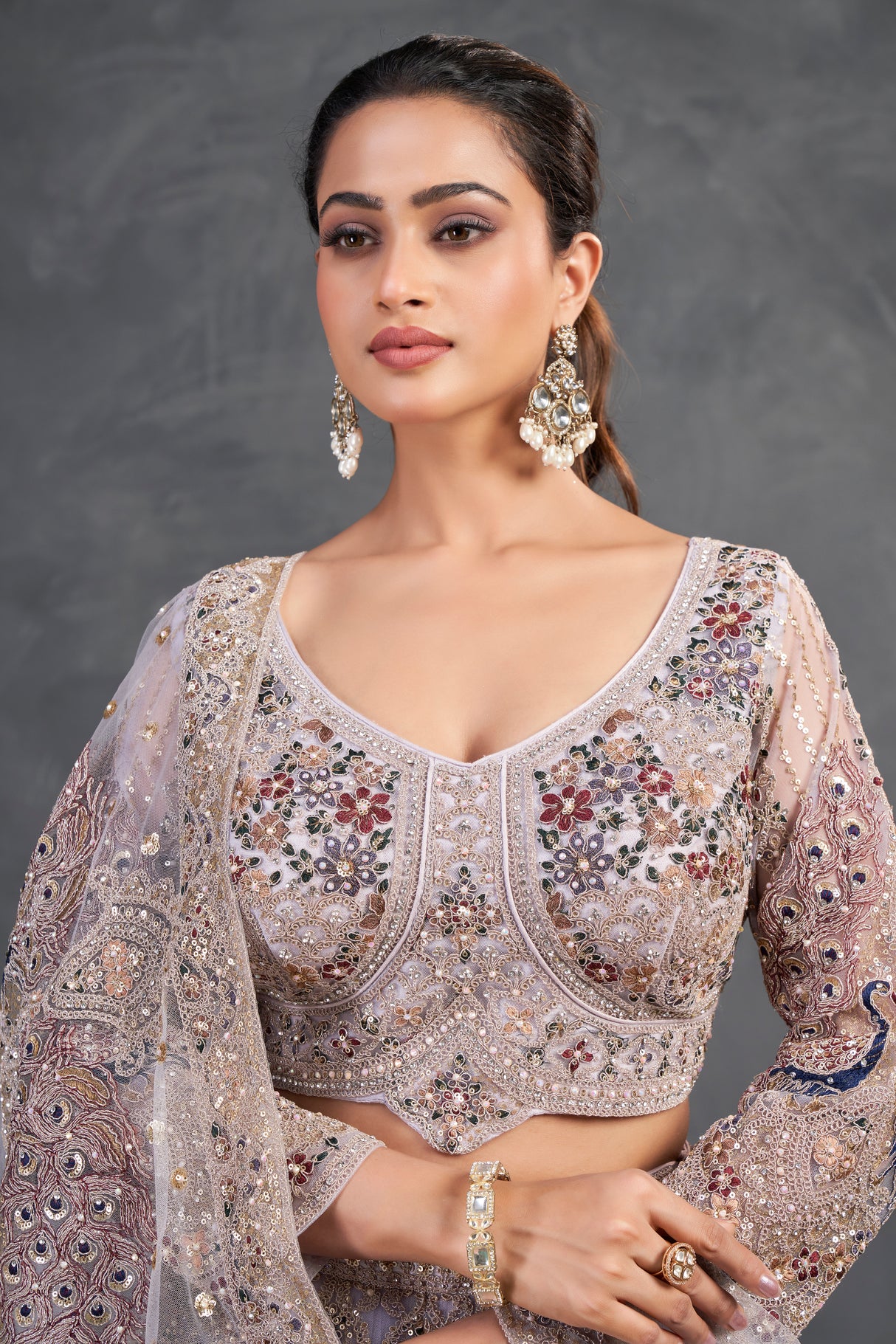 Champagne Blush Embroidered Lehenga – Regal Radiance with Handcrafted Detailing