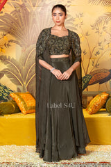 Olive Green Cape Lehenga with Handcrafted Crop Top | Label S4U