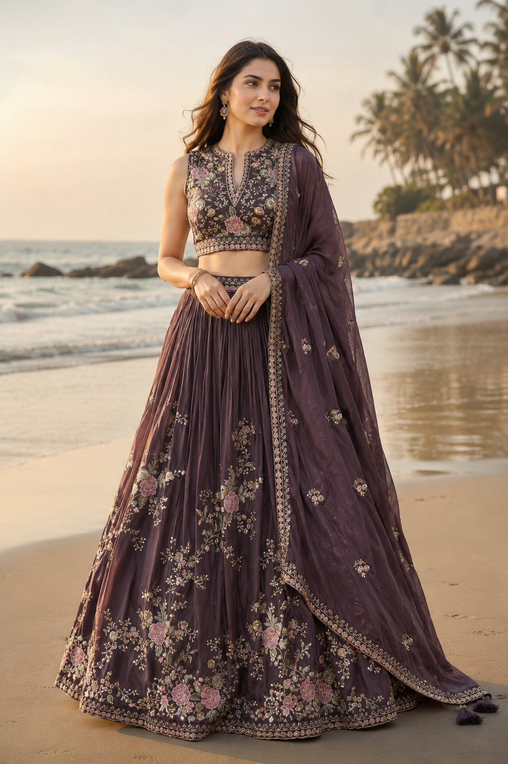 Mocha Rose Embroidered Lehenga Couture Set