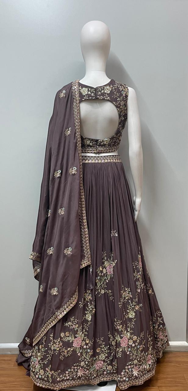 Mocha Rose Embroidered Lehenga Couture Set