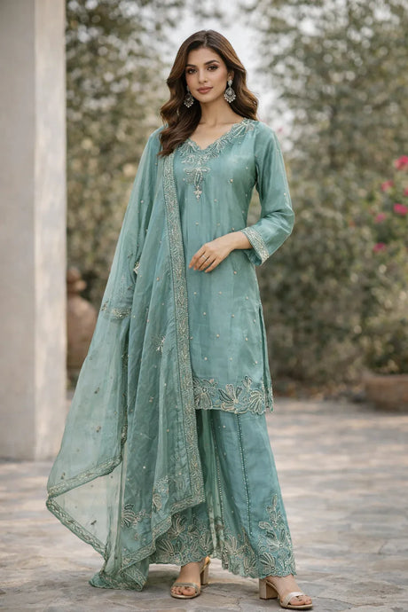 Seafoam Zari Embroidered Sharara Elegance Set - MishUUU