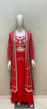 Red Hand-Crafted Sharara Set with Long Jacket | Label S4U