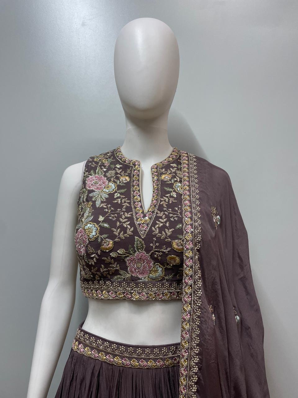 Mocha Rose Embroidered Lehenga Couture Set