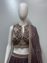 Mocha Rose Embroidered Lehenga Couture Set