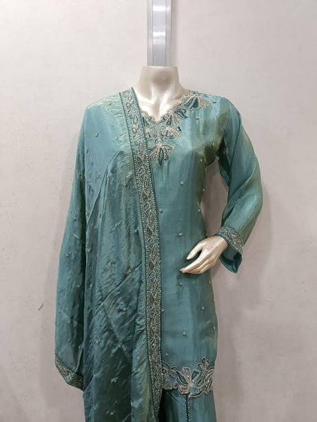 Seafoam Zari Embroidered Sharara Elegance Set - MishUUU