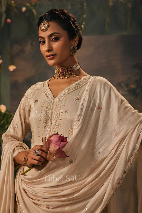 Beige Pastel Embroidered Luxe Sharara Set