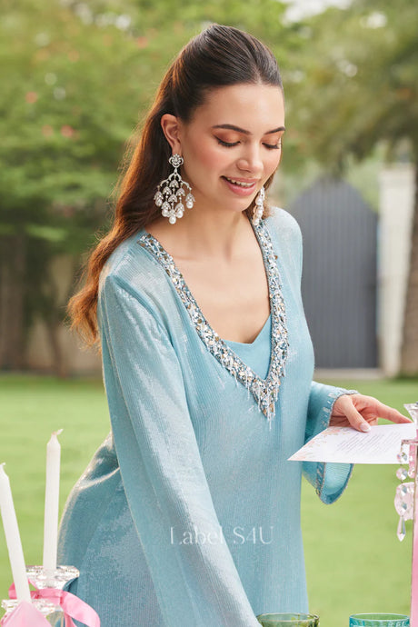 Icy Blue Handcrafted Straight Pant Set with Mirror Work Neckline – Elegant Festive & Party Wear