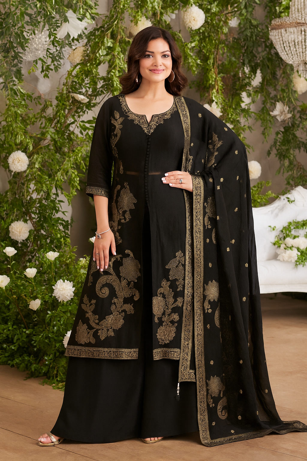 Black Palazzo Suit with Antique Gold Handcrafted Detailing