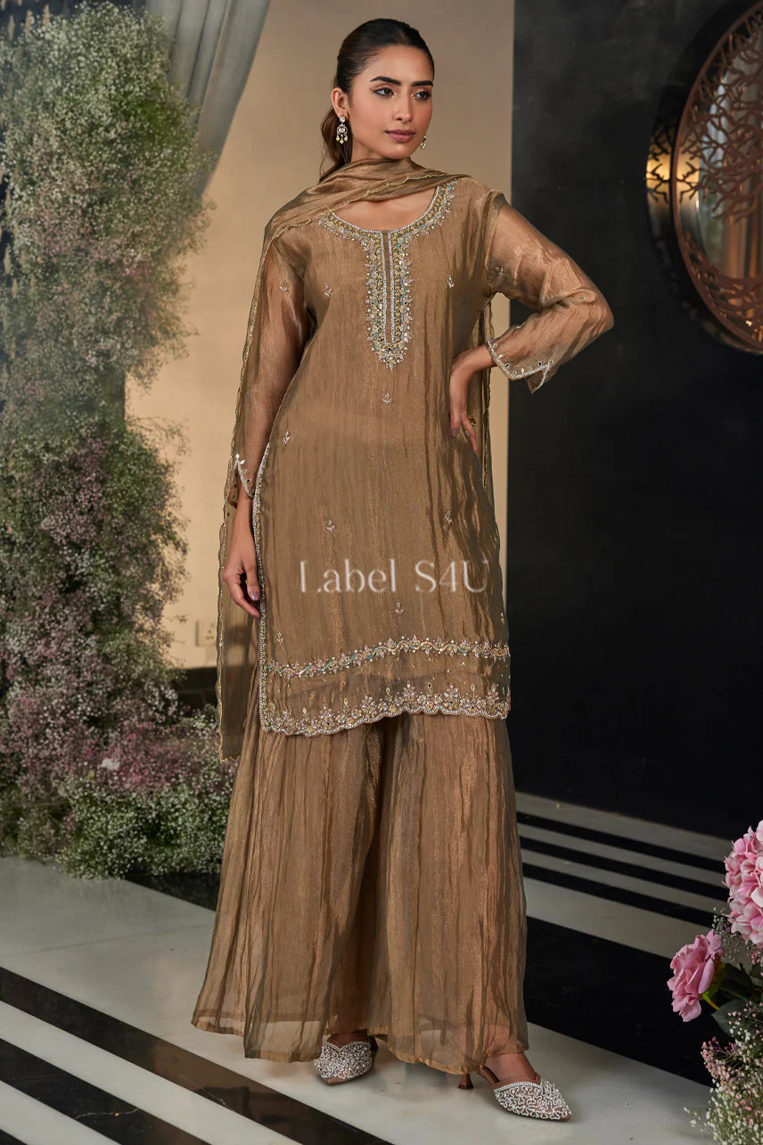 Golden Brown Palazzo Suit with Handcrafted Work |Label S4U