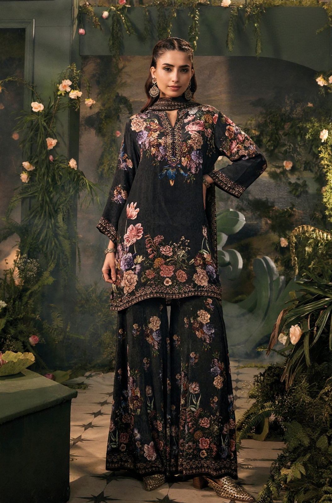 Midnight Black Floral Palazzo Suit Set