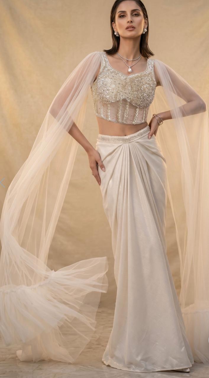 Ivory Pearl Cape Saree Set