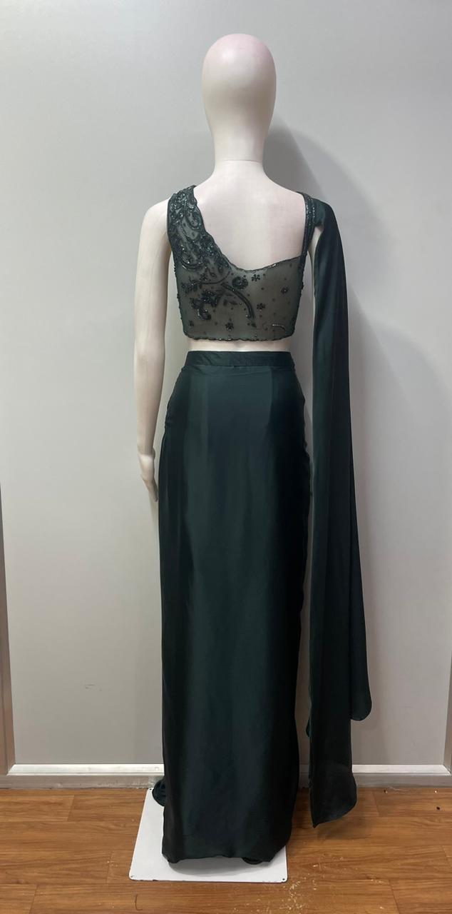 Bottle Green Crystal Draped Skirt Set