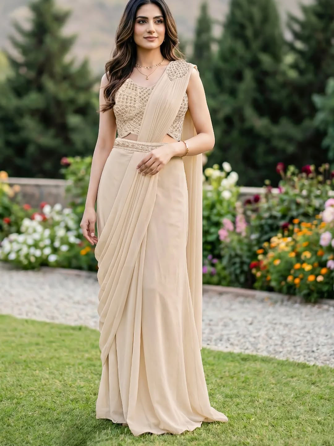 Champagne Crystal Drape Saree Couture Set