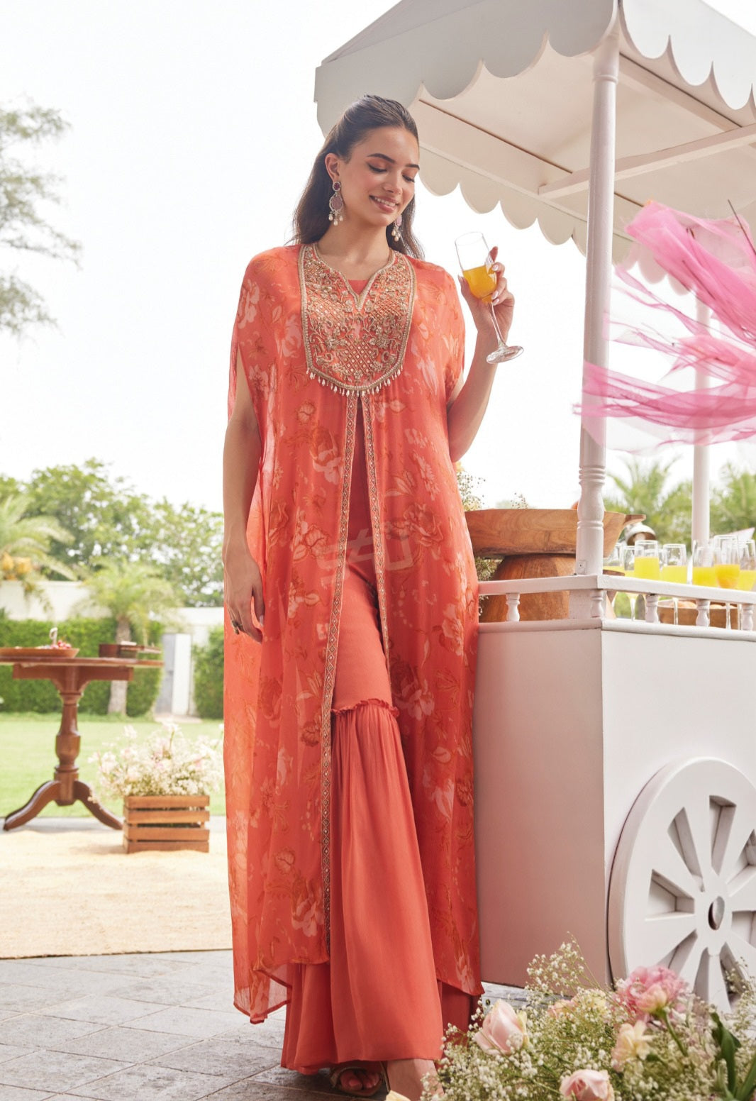Coral Printed Luxe Cape Sharara Set