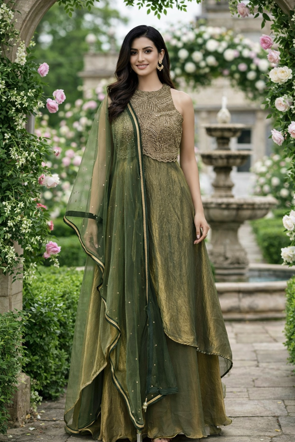 Olive Gold Embroidered Anarkali Luxe Set