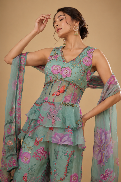 Sea Green Floral Peplum Sharara Ensemble