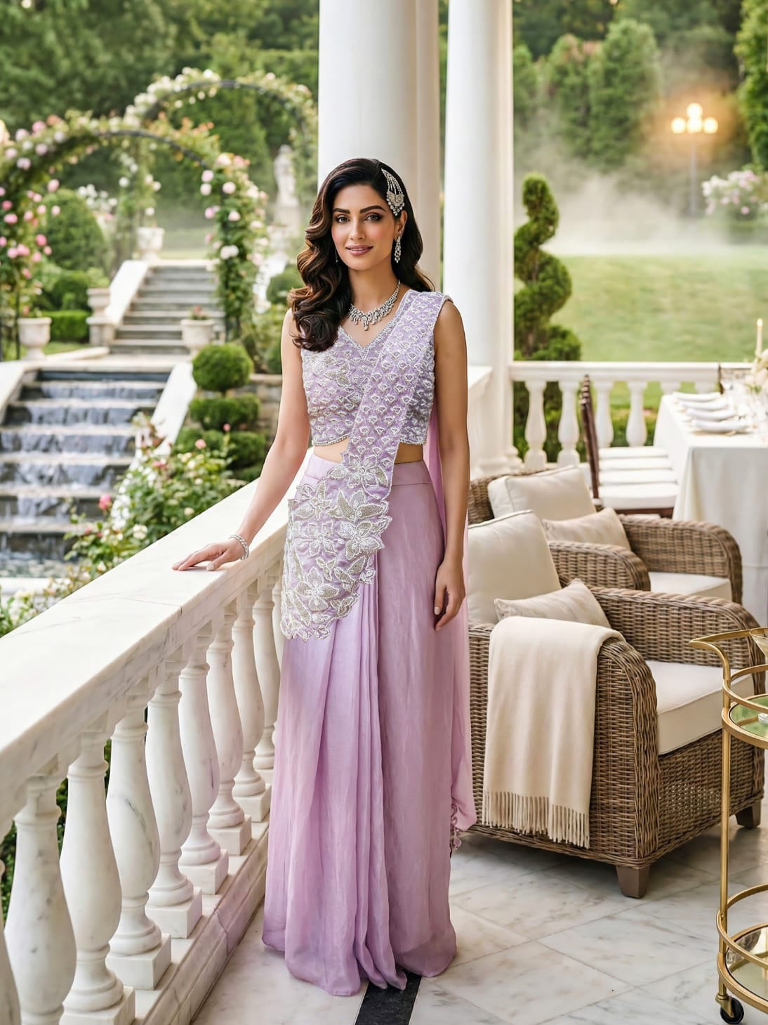 Lilac Embroidered Drape Lehenga Set