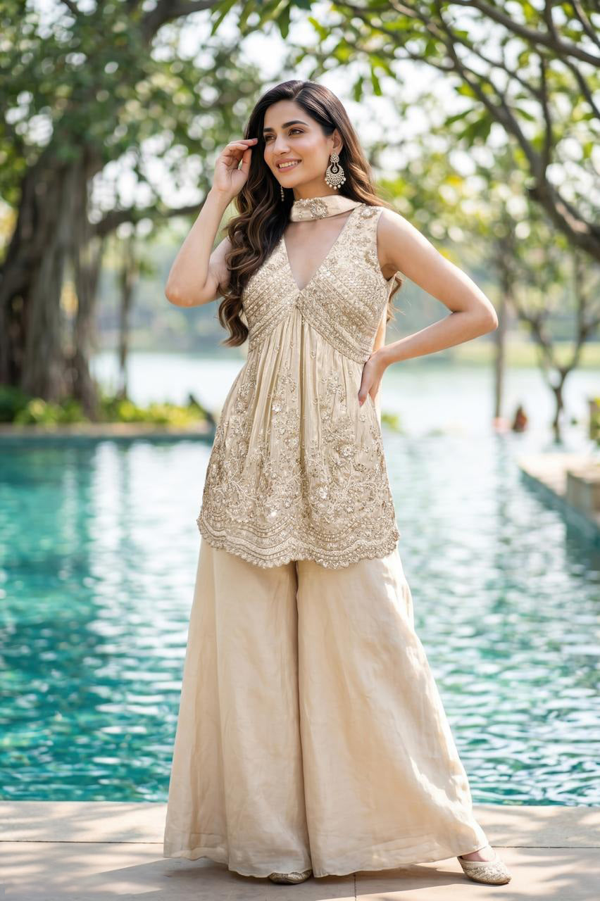 Ivory Gold Embroidered Palazzo Set