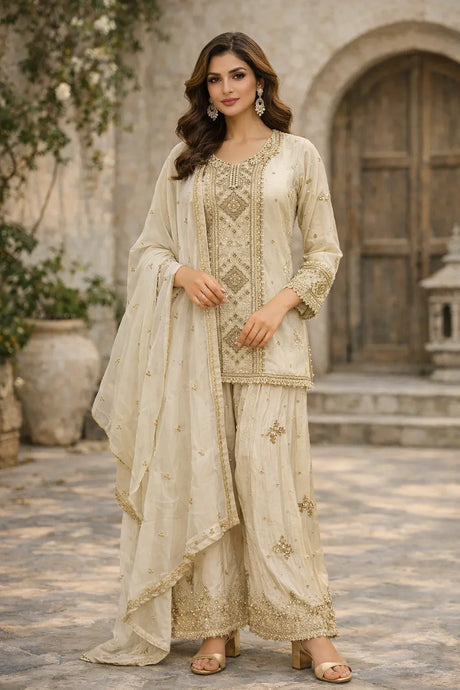 Ivory Gold Embroidered Sharara Regal Ensemble - MishUUU