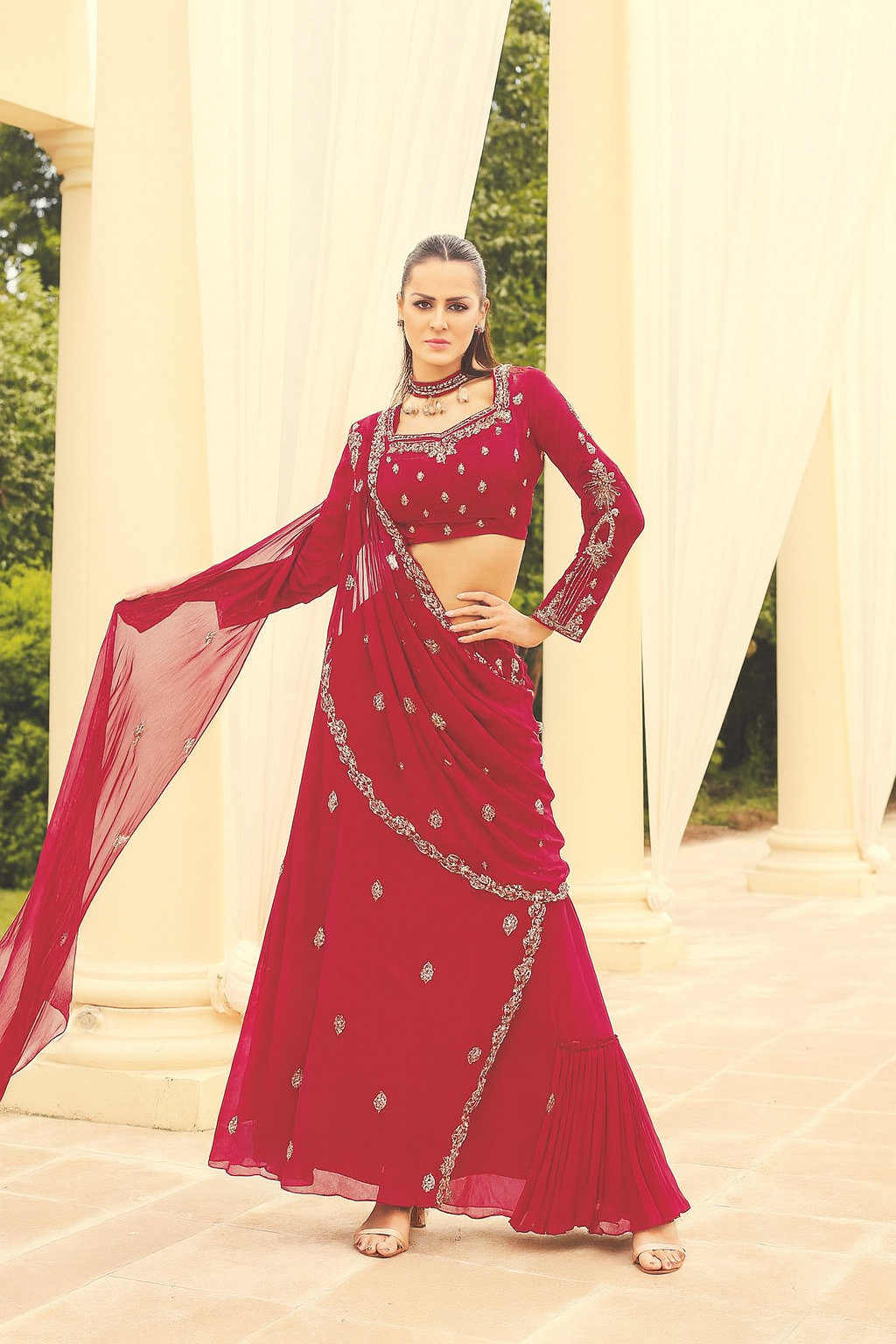 Wine Red Lehenga Saree with Handcrafted Blouse