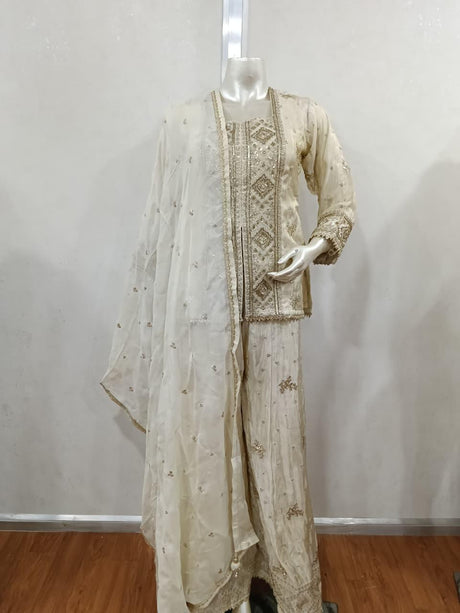 Ivory Gold Embroidered Sharara Regal Ensemble - MishUUU