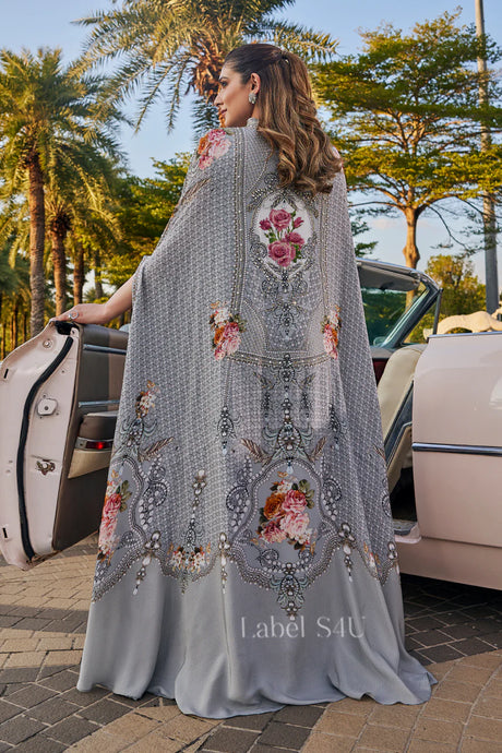 Silver Floral Cape Gown Set