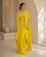 Lemon Yellow Pearl Cape Saree Set