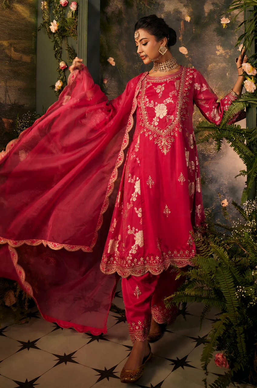 Crimson Rose Embroidered Festive Suit