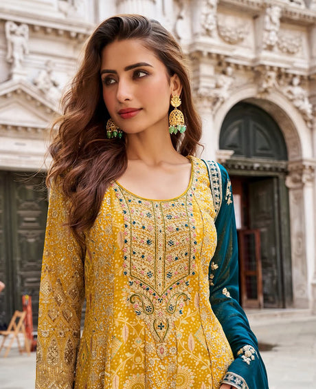 Mustard Teal Ombre Anarkali Luxe Set
