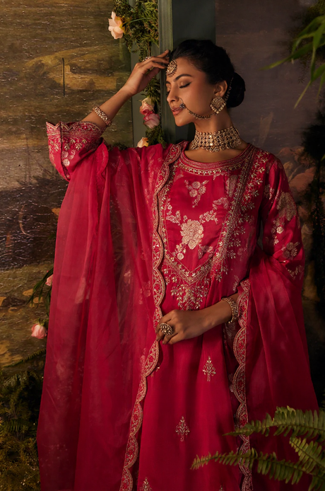 Crimson Rose Embroidered Festive Suit