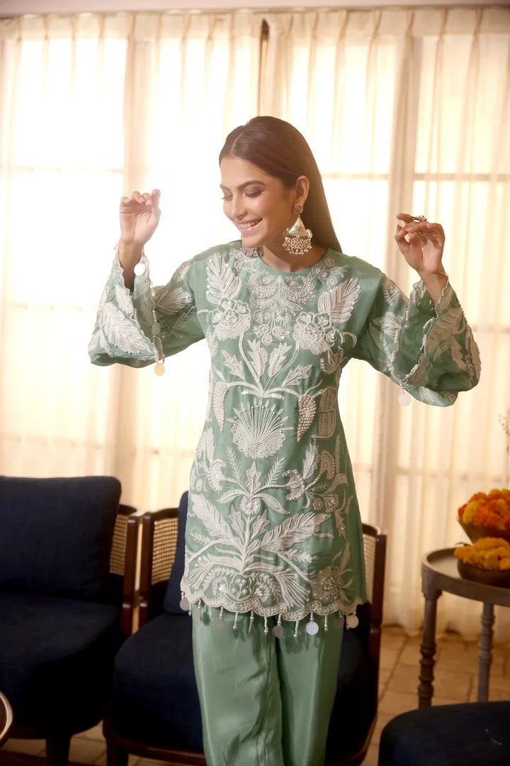 Sage Pearl Embroidered Co Ord Set