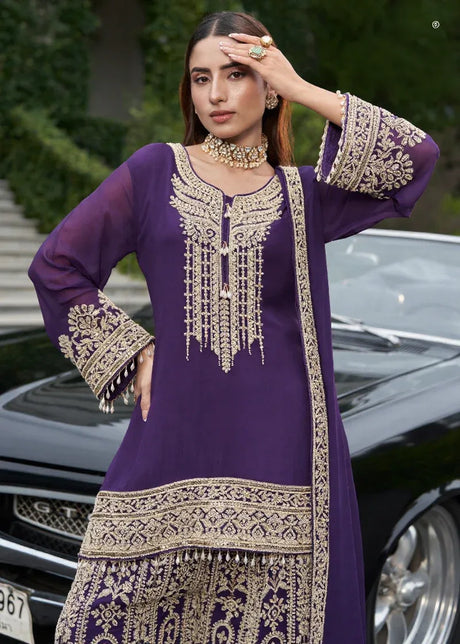 Royal Plum Zari Palazzo Sharara Ensemble - MishUUU