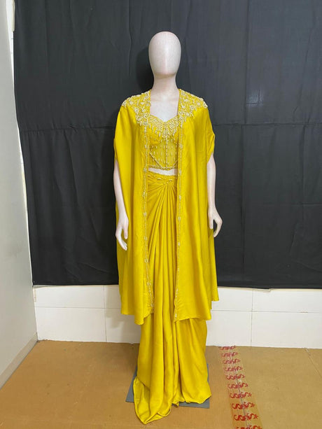 Lemon Yellow Pearl Cape Saree Set