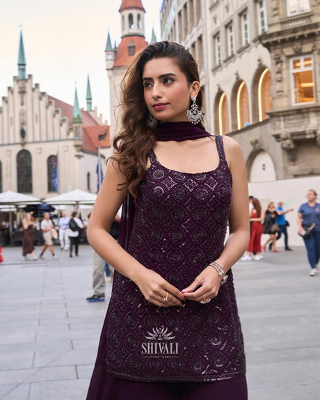 Plum Purple Sharara with Handcrafted Kurti & Dupatta