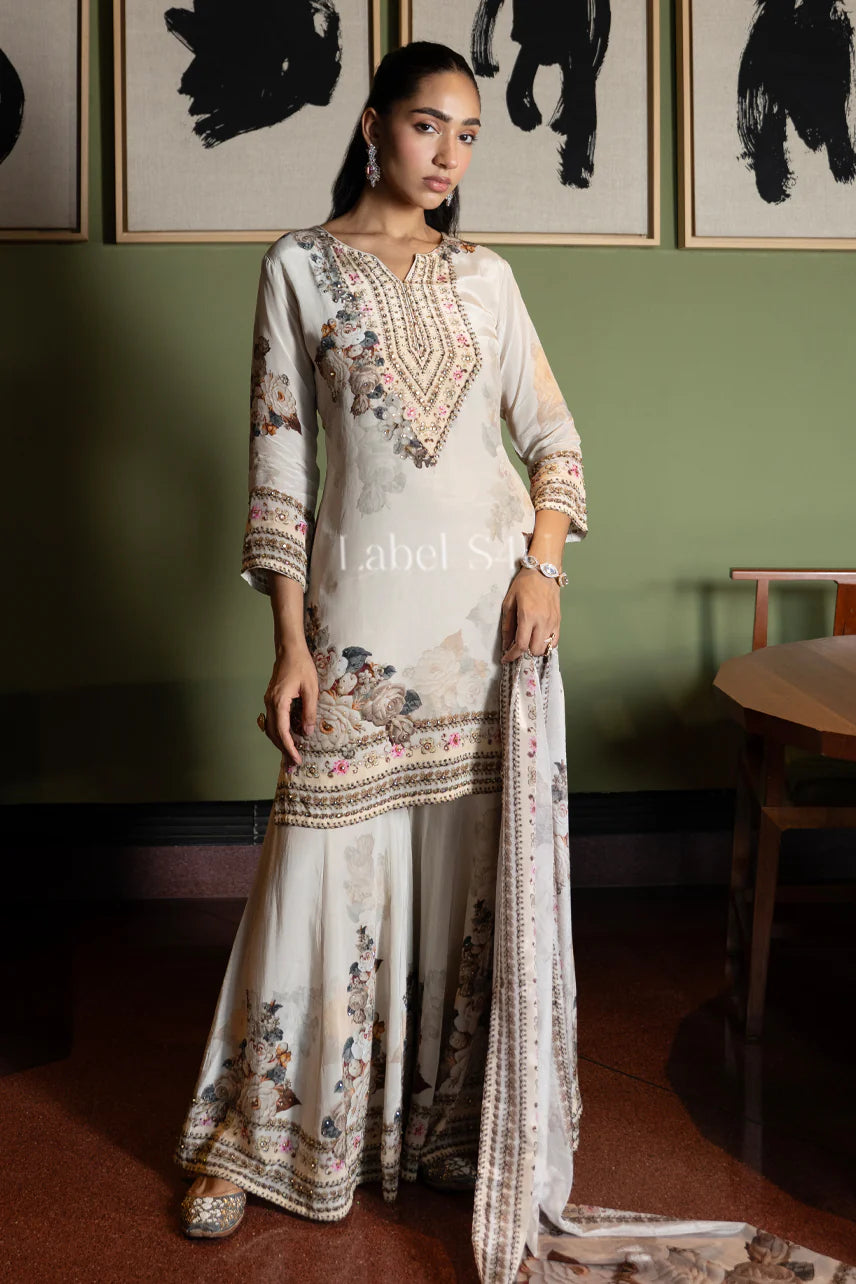 Ivory Garden Print Sharara Set - Label S4U