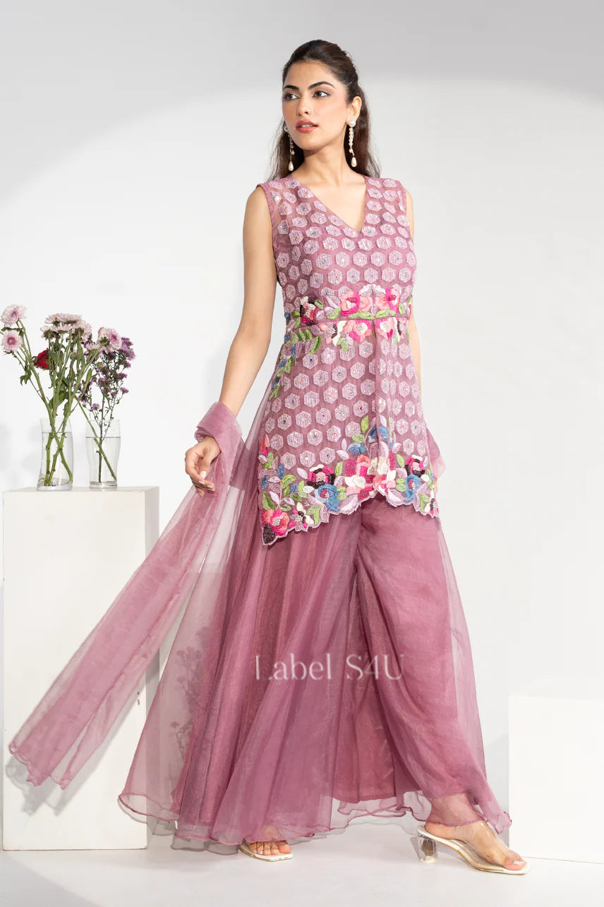 Mauve Hand-Crafted Gown with Floral Waistcoat | Label S4U