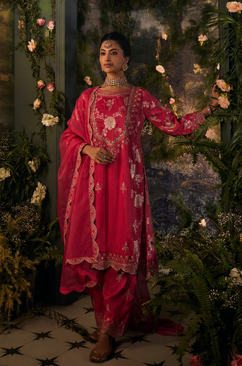 Crimson Rose Embroidered Festive Suit