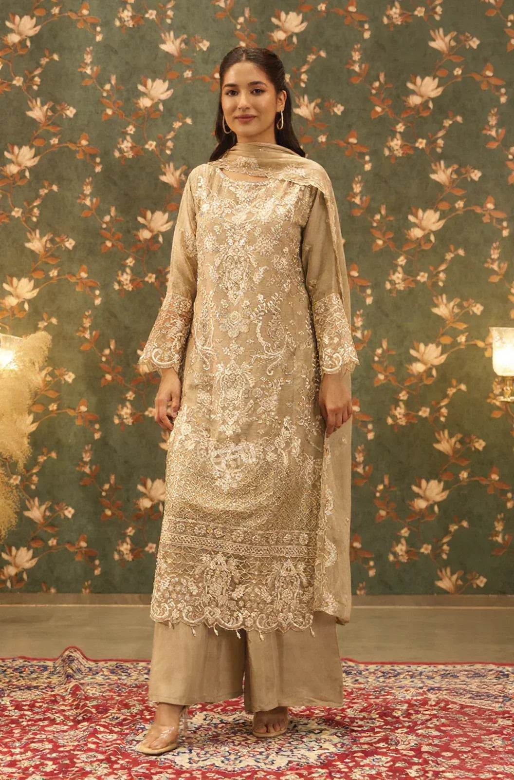Golden Beige Embroidered Palazzo Set - MishUUU