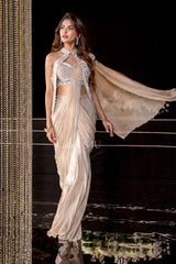Champagne Crystal Drape Saree Couture Ensemble