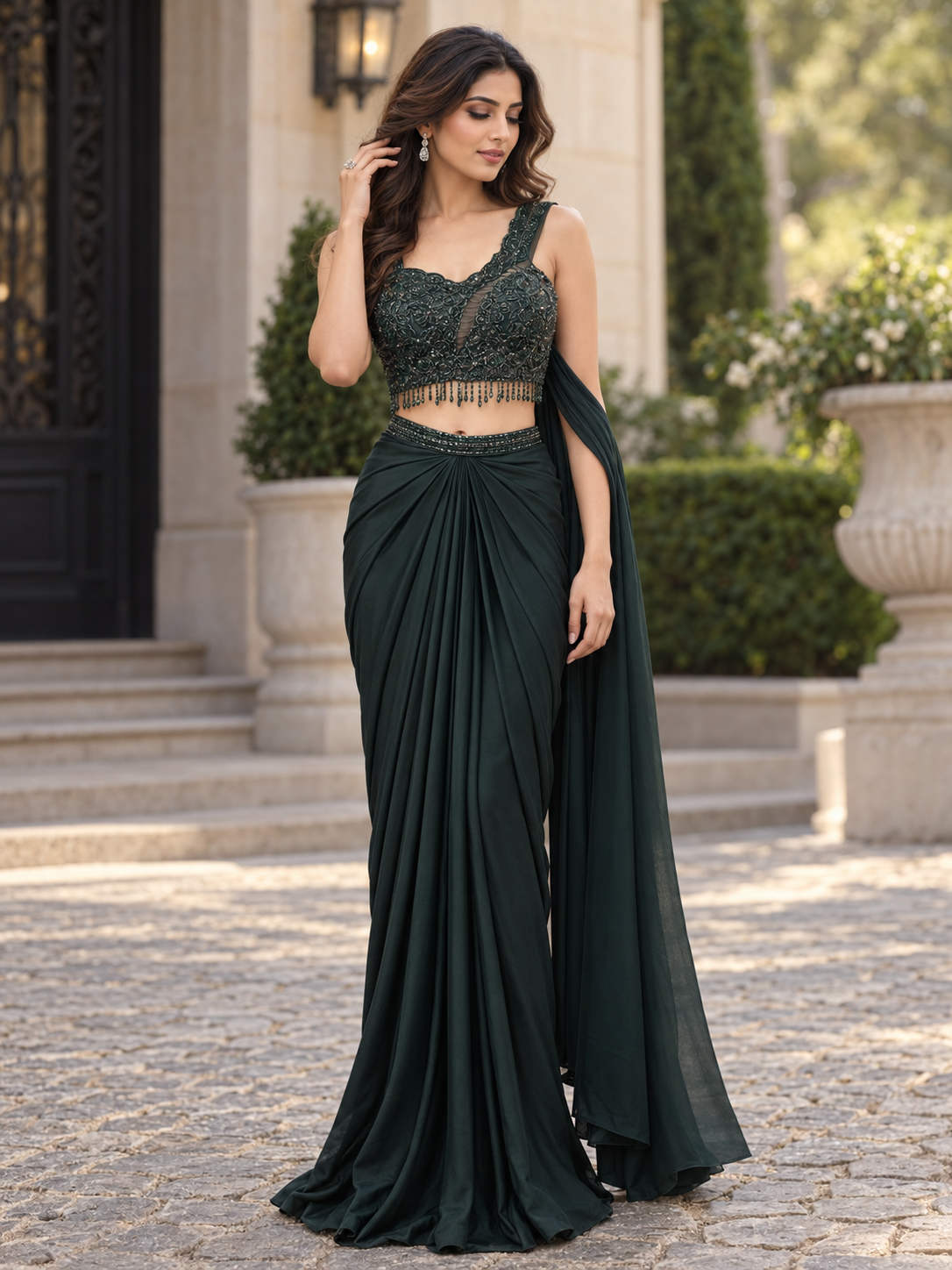 Bottle Green Crystal Draped Skirt Set