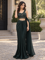 Bottle Green Crystal Draped Skirt Set