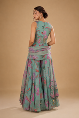 Sea Green Floral Peplum Sharara Ensemble