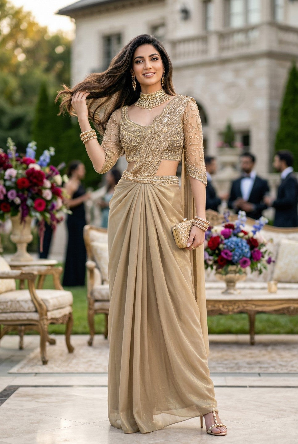 Champagne Pre-Draped Embroidered Saree Set