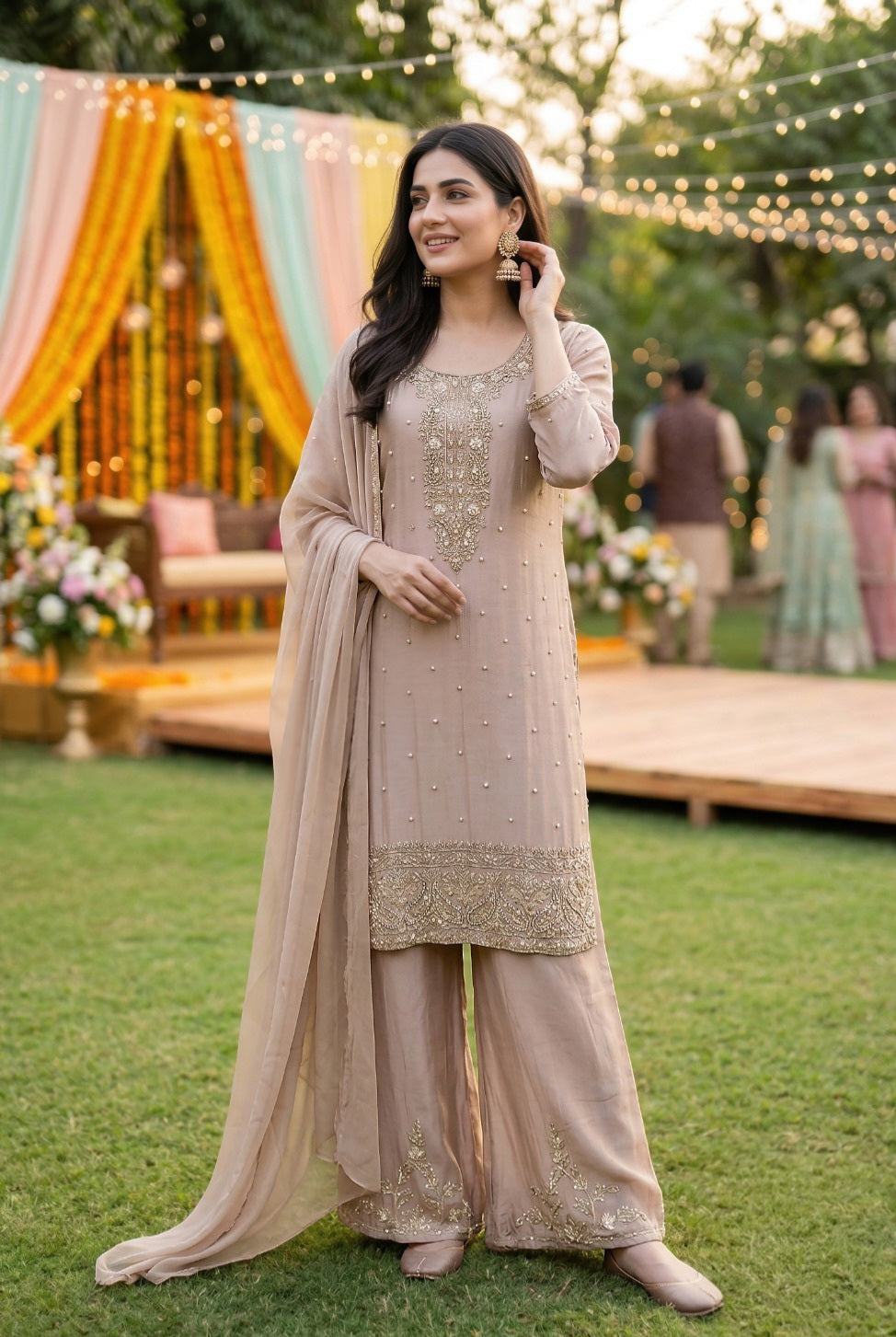 Champagne Embroidered Kurta Palazzo Set