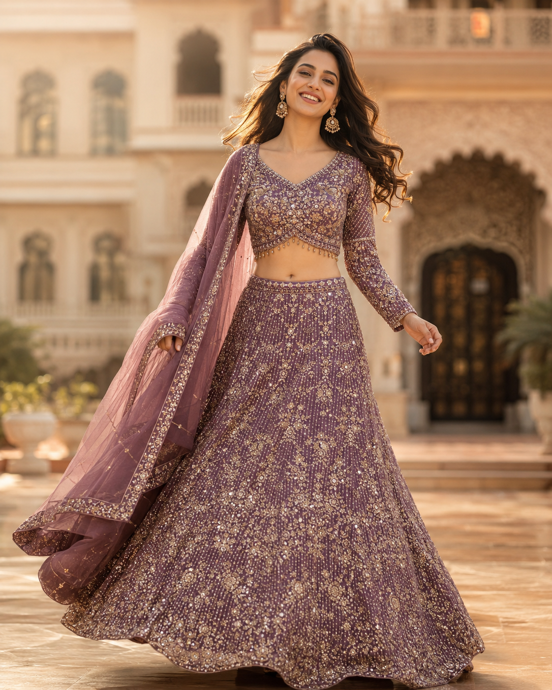 Mauve Gold Embellished Lehenga Couture Ensemble