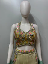 Back view of a seafoam mirror embroidered kurta and palazzo set