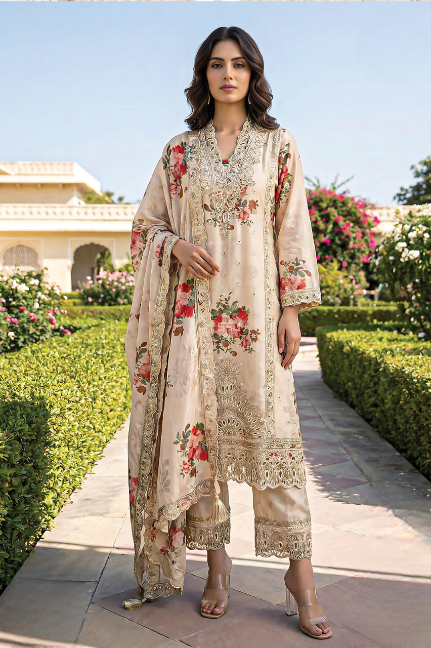 Floral Beige Embroidered Kurta Set